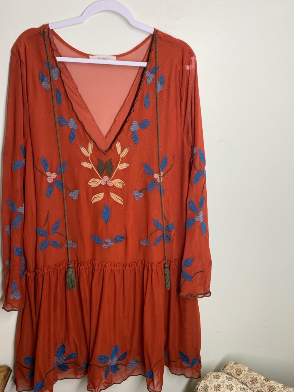 Festival Boho Embroidered Dress in Rust with Sheer Sleeves & Tassel